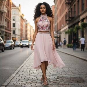 Sherri Hill Blush Pink Two Piece Formal Gown Halter Top and Skirt please Read